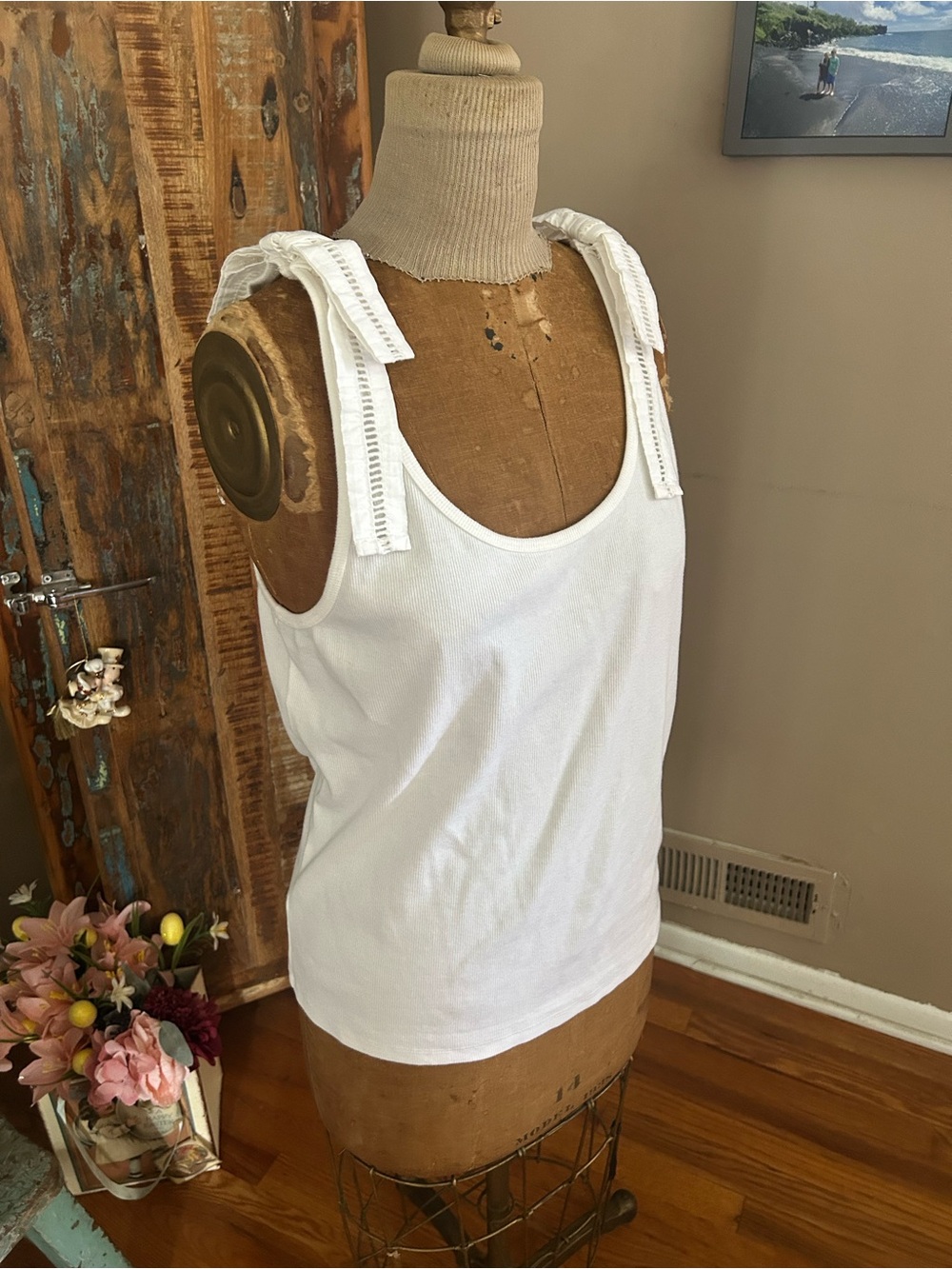 LOFT White Eyelet Bow Strap Ribbed Tank Top | Size XL Summer Classic